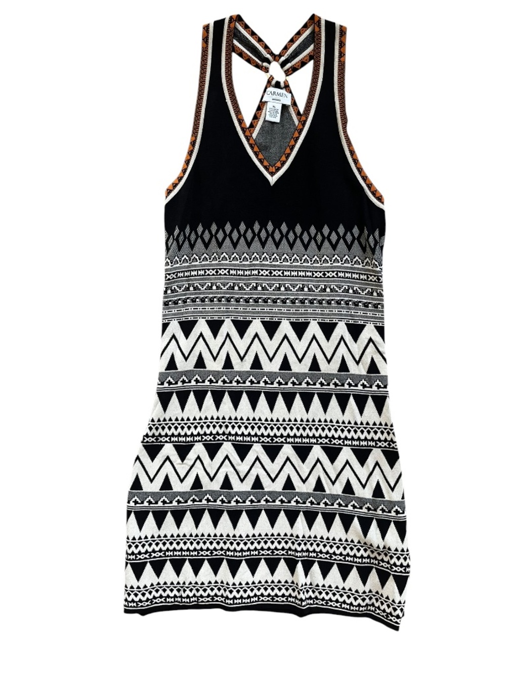 Carmen Marc Valvo Black & White Boho Aztec Racerback Knit Mini Dress Size XL